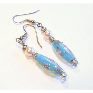 Lampwork Barrel Bead Earrings with Pink Swarovski Pearls and Sterling EarWires
